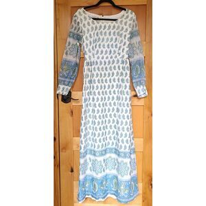 Vintage 70s Lady Lewis Blue Paisley Maxi Dress Long Sleeve Boho Bohemian MEDIUM